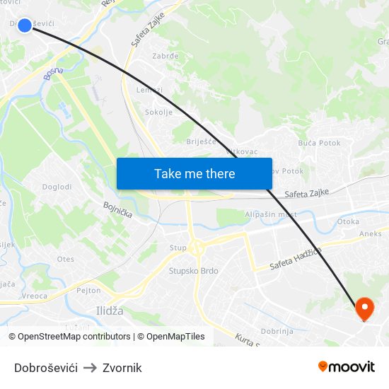 Dobroševići to Zvornik map