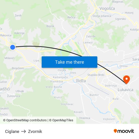 Ciglane to Zvornik map