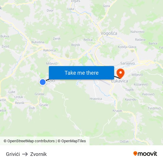 Grivići to Zvornik map