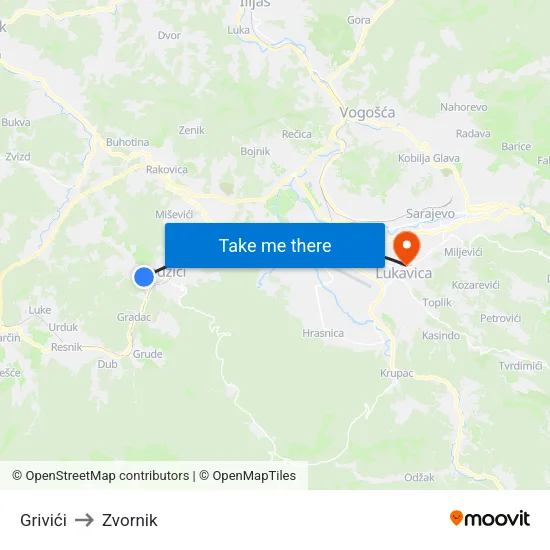 Grivići to Zvornik map