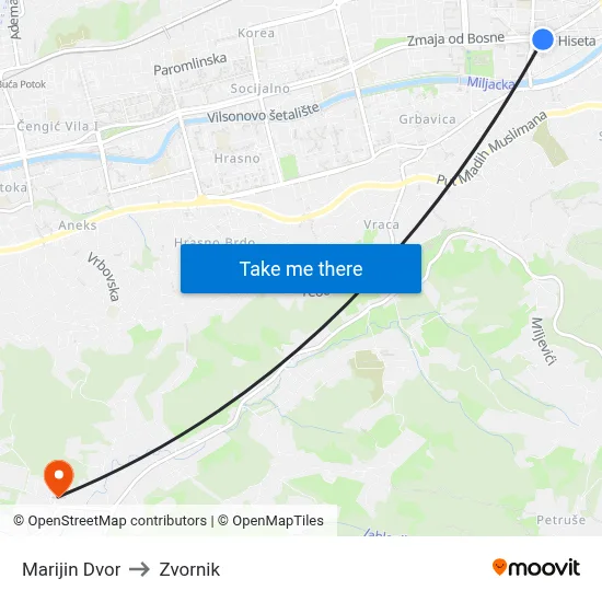Marijin Dvor to Zvornik map