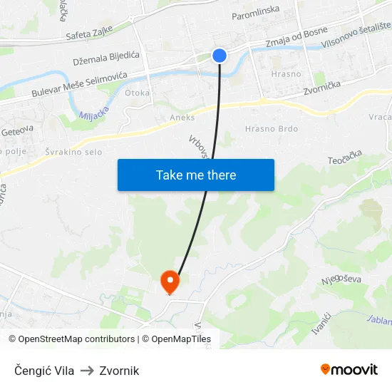 Čengić Vila to Zvornik map