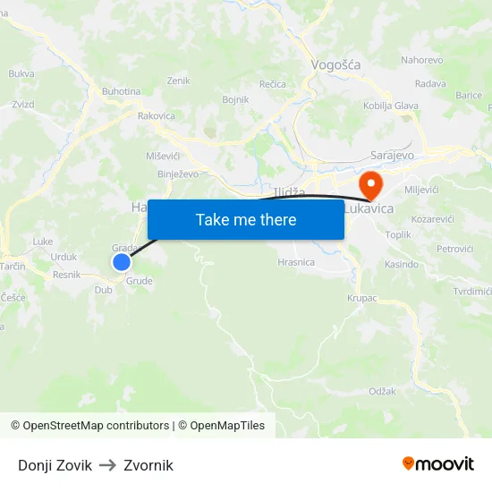 Donji Zovik to Zvornik map