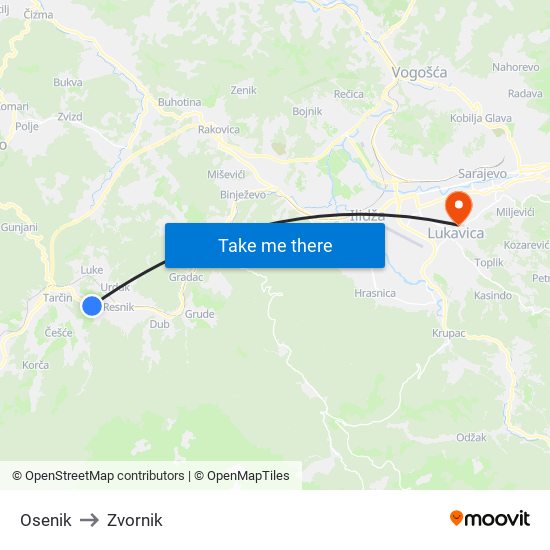 Osenik to Zvornik map