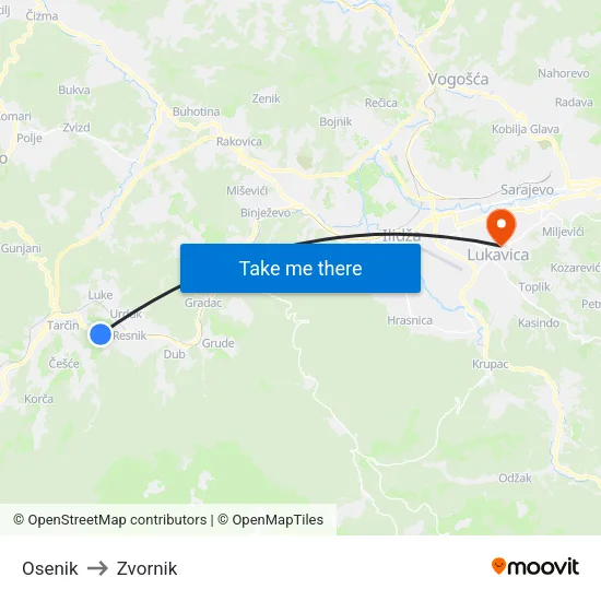 Osenik to Zvornik map