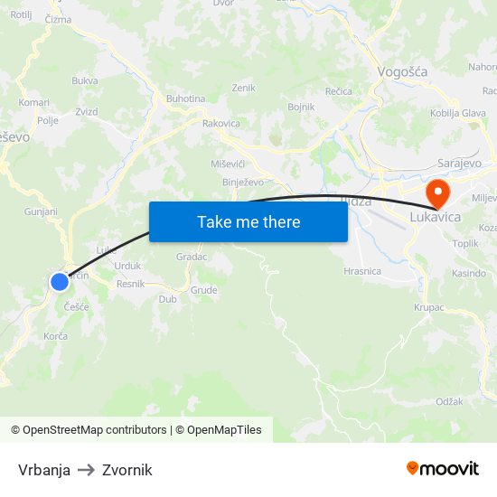 Vrbanja to Zvornik map