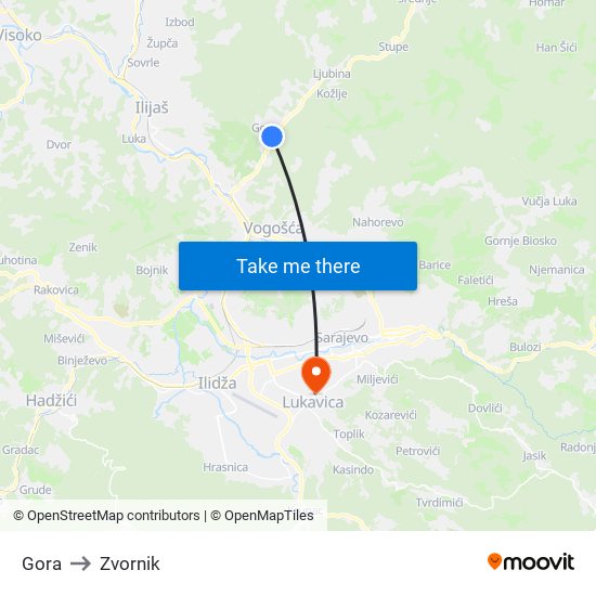 Gora to Zvornik map