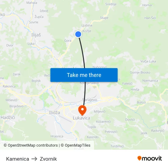 Kamenica to Zvornik map