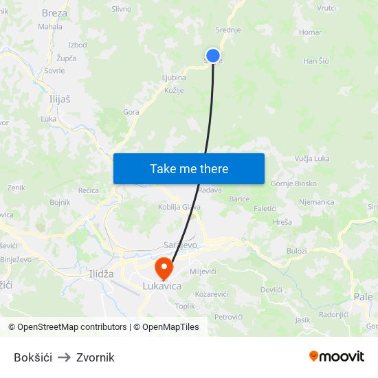 Bokšići to Zvornik map