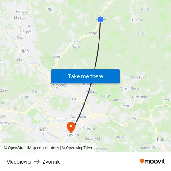 Medojevići to Zvornik map
