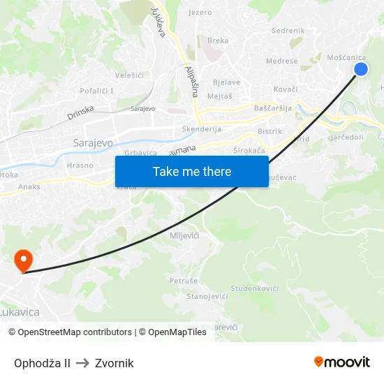 Ophodža II to Zvornik map