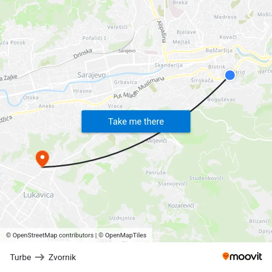 Turbe to Zvornik map