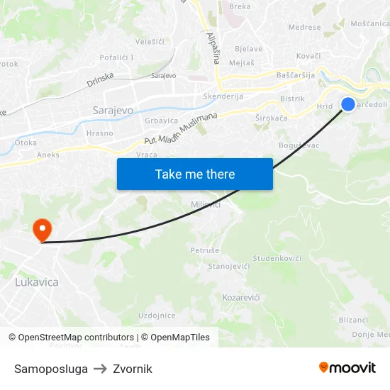 Samoposluga to Zvornik map