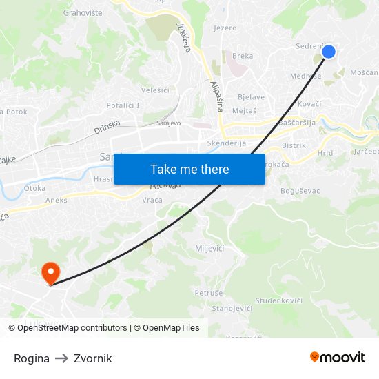 Rogina to Zvornik map