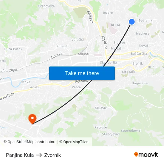 Panjina Kula to Zvornik map