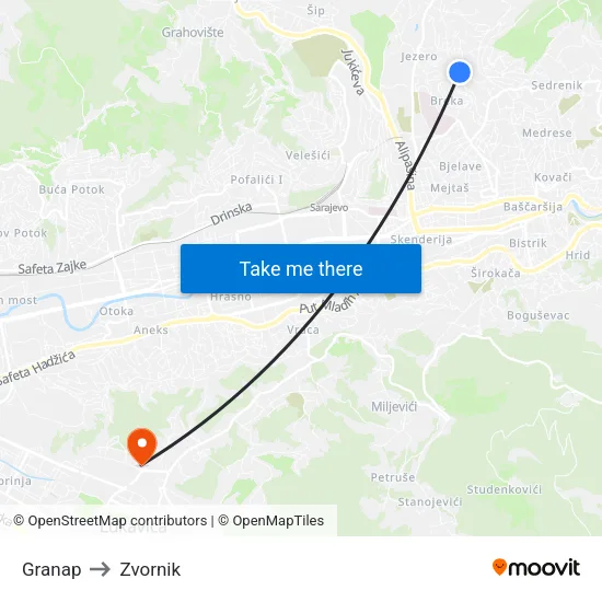 Granap to Zvornik map