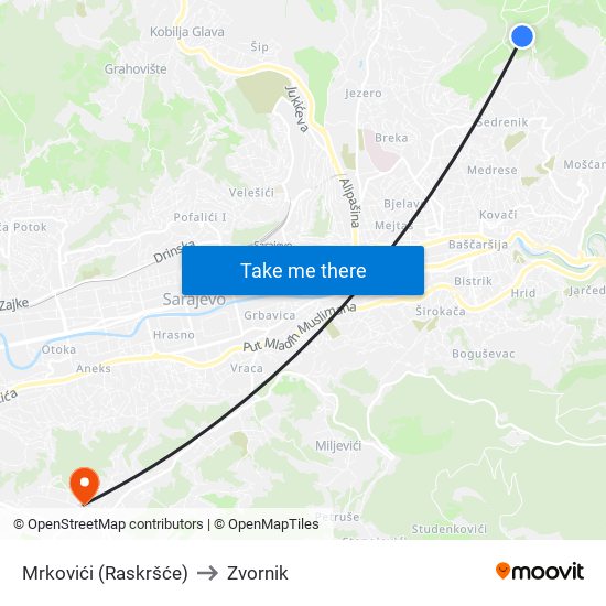 Mrkovići (Raskršće) to Zvornik map