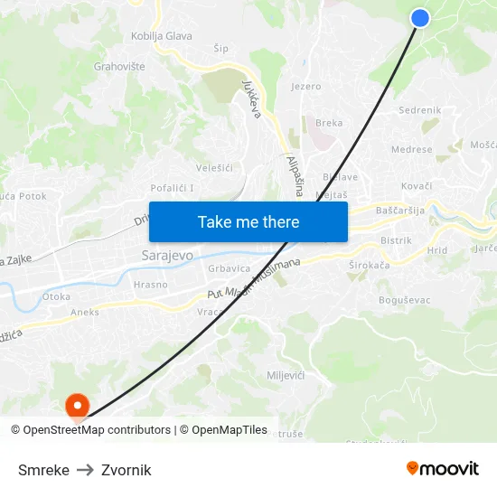 Smreke to Zvornik map