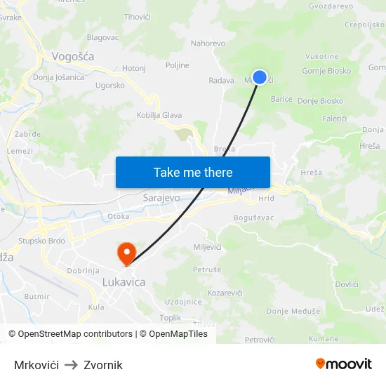 Mrkovići to Zvornik map