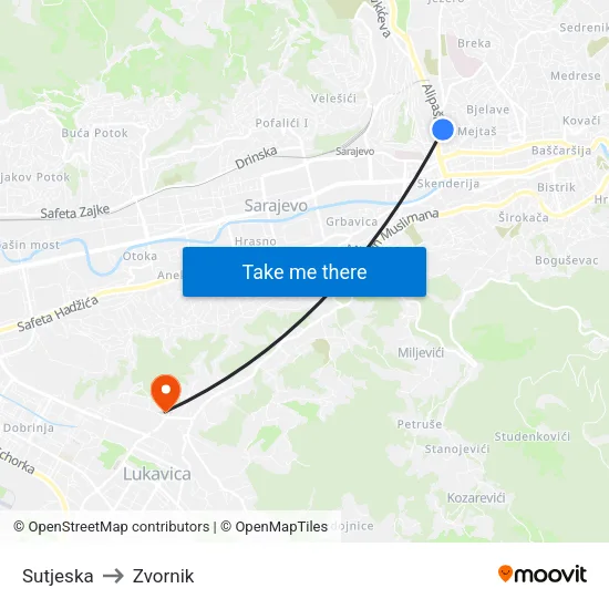 Sutjeska to Zvornik map