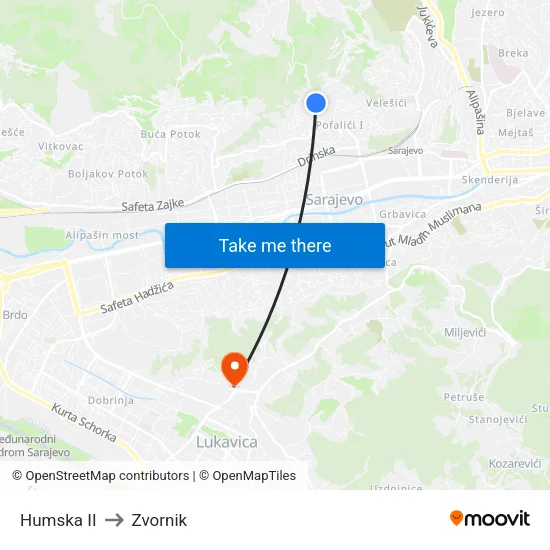 Humska II to Zvornik map