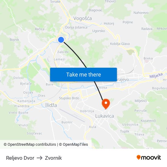 Reljevo Dvor to Zvornik map