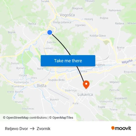 Reljevo Dvor to Zvornik map