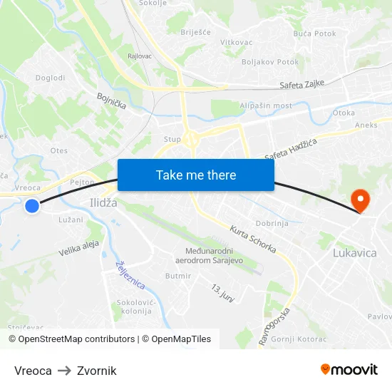 Vreoca to Zvornik map