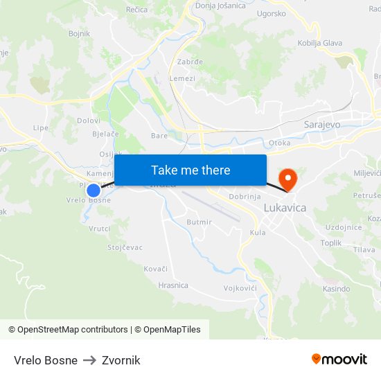 Vrelo Bosne to Zvornik map