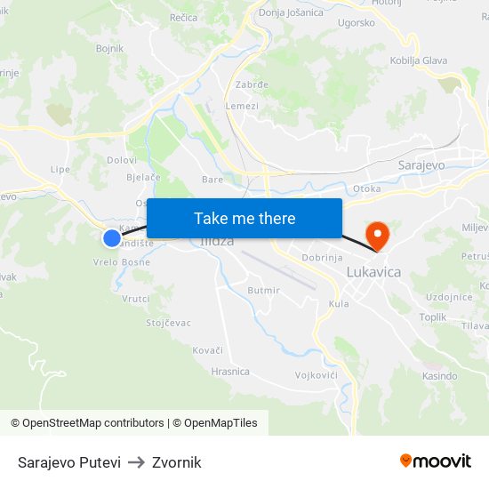 Sarajevo Putevi to Zvornik map