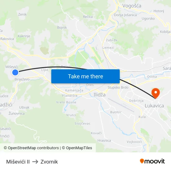 Miševići II to Zvornik map