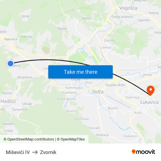 Miševići IV to Zvornik map