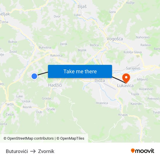 Buturovići to Zvornik map