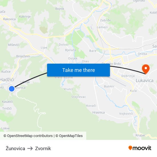 Žunovica to Zvornik map