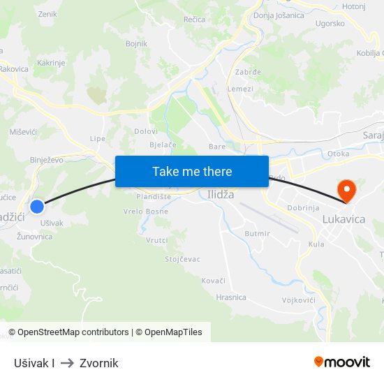 Ušivak I to Zvornik map