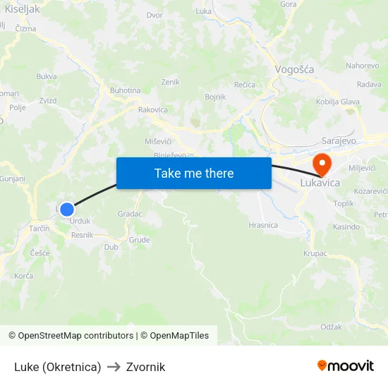 Luke (Okretnica) to Zvornik map
