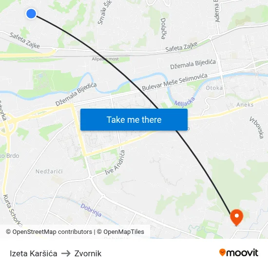 Izeta Karšića to Zvornik map