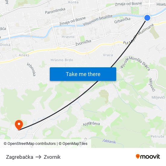 Zagrebačka to Zvornik map