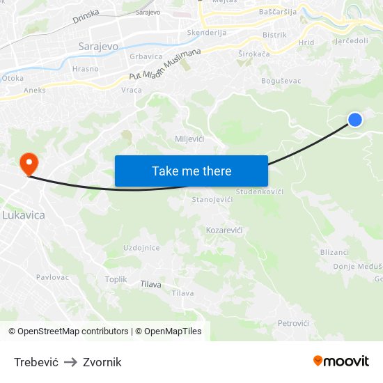 Trebević to Zvornik map