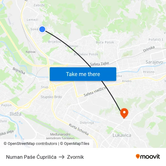 Numan Paše Ćuprilića to Zvornik map
