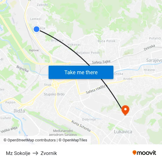 Mz Sokolje to Zvornik map