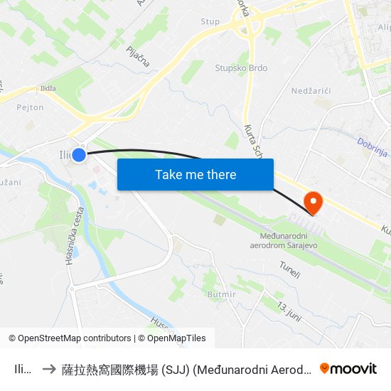 Ilidža to 薩拉熱窩國際機場 (SJJ) (Međunarodni Aerodrom Sarajevo) map