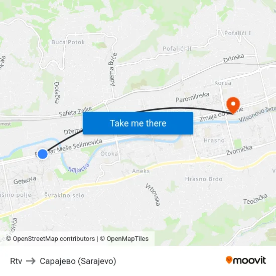 Rtv to Сарајево (Sarajevo) map