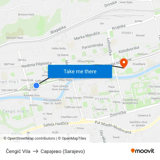 Čengić Vila to Сарајево (Sarajevo) map
