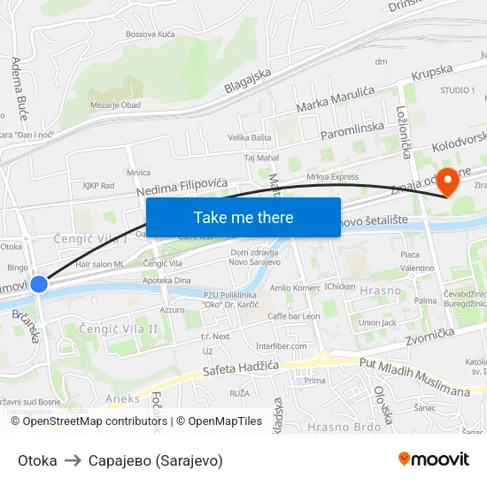 Otoka to Сарајево (Sarajevo) map