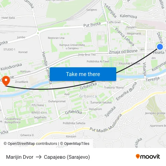 Marijin Dvor to Сарајево (Sarajevo) map