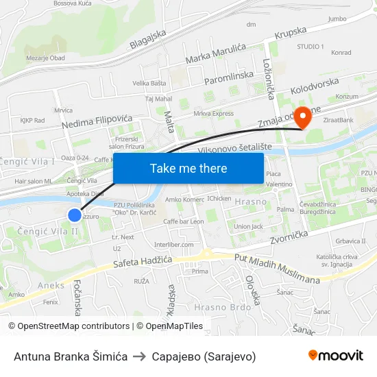 Antuna Branka Šimića to Сарајево (Sarajevo) map