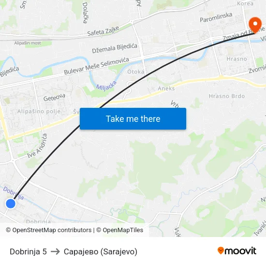 Dobrinja 5 to Сарајево (Sarajevo) map