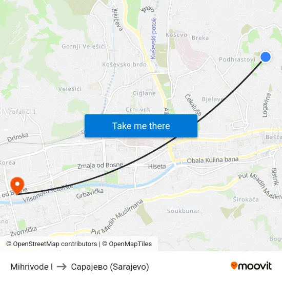 Mihrivode I to Сарајево (Sarajevo) map