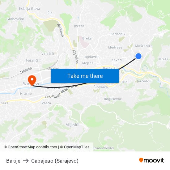 Bakije to Сарајево (Sarajevo) map